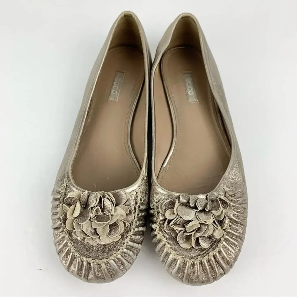 Ecco Metallic Silver Gold Leather Floral Ballet Slip On Flats 40